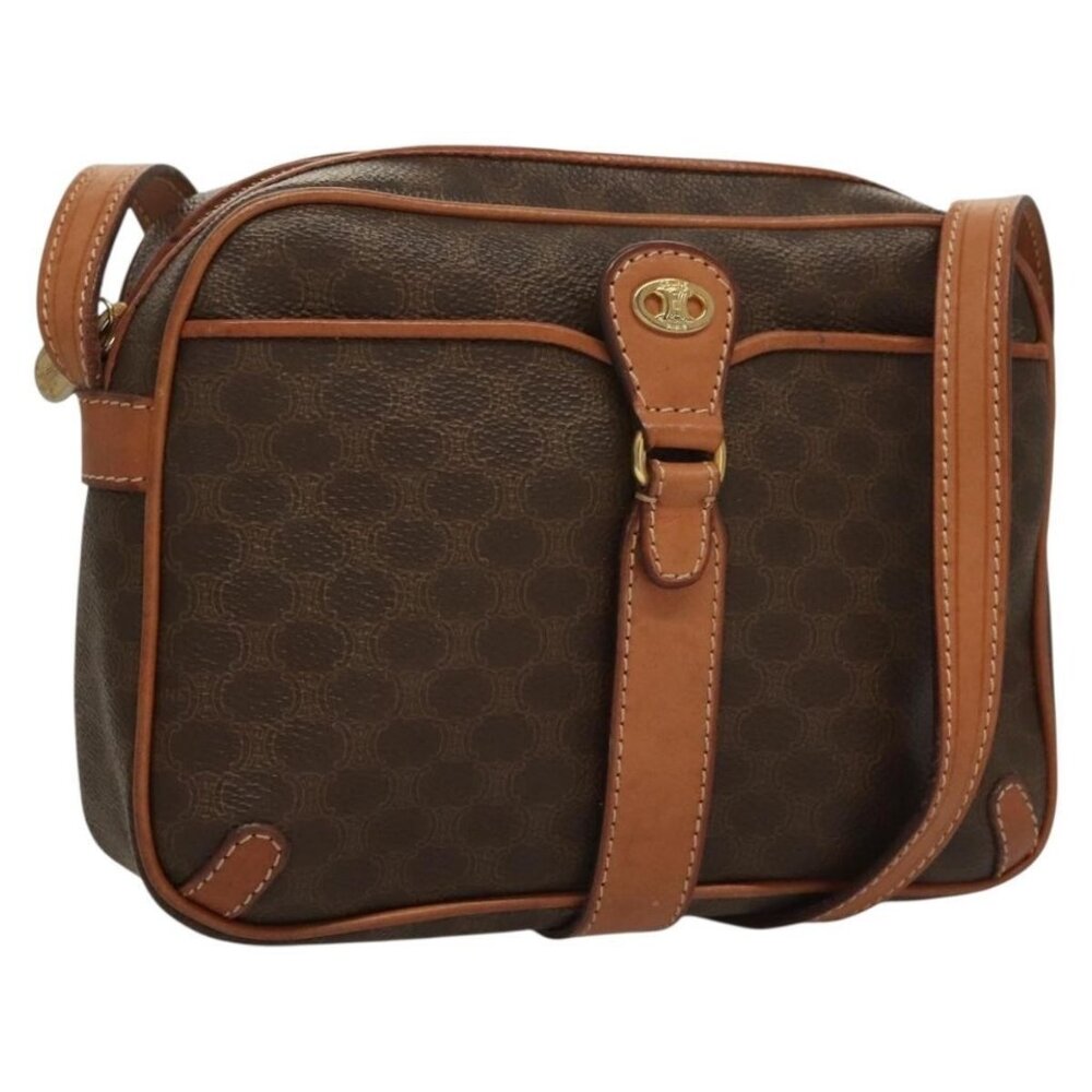 Authentic CELINE Macadam Canvas Shoulder Bag PVC Leather Brown Gold